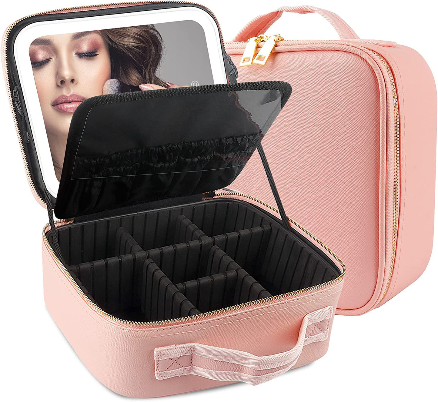 Large capacity LED mirror makeup bag, multifunctional DIY partition storage box, portable waterproof makeup case for women