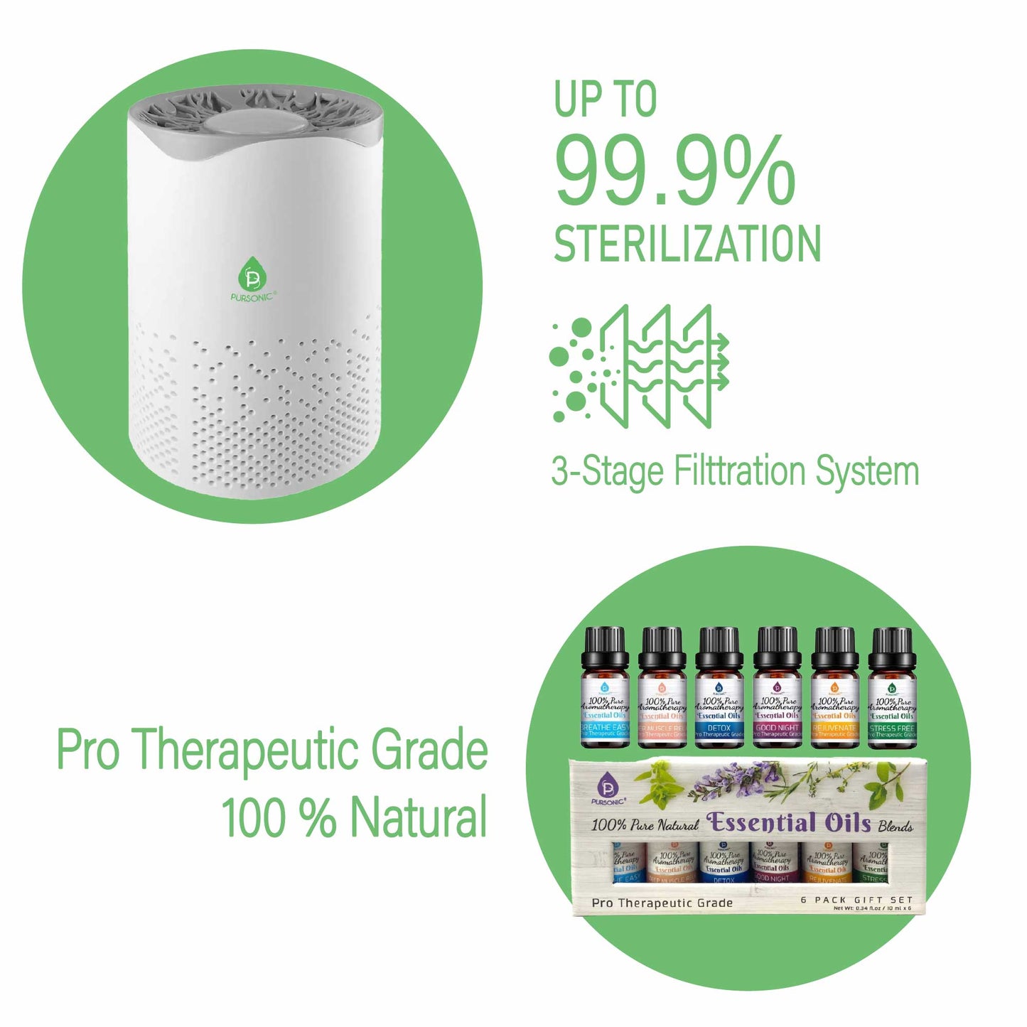 Pursonic Air Purifier with 6-Pack Premium Essential Oils Collection