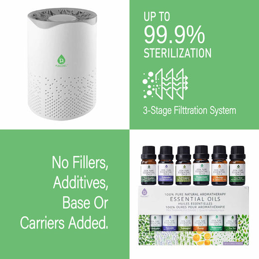 Pursonic Air Purifier with 6-Pack Premium Essential Oils Collection